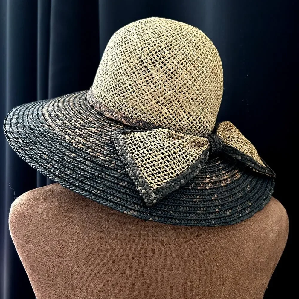 Vintage Natural Fiber Straw Hat Bow Trim Black 21.5